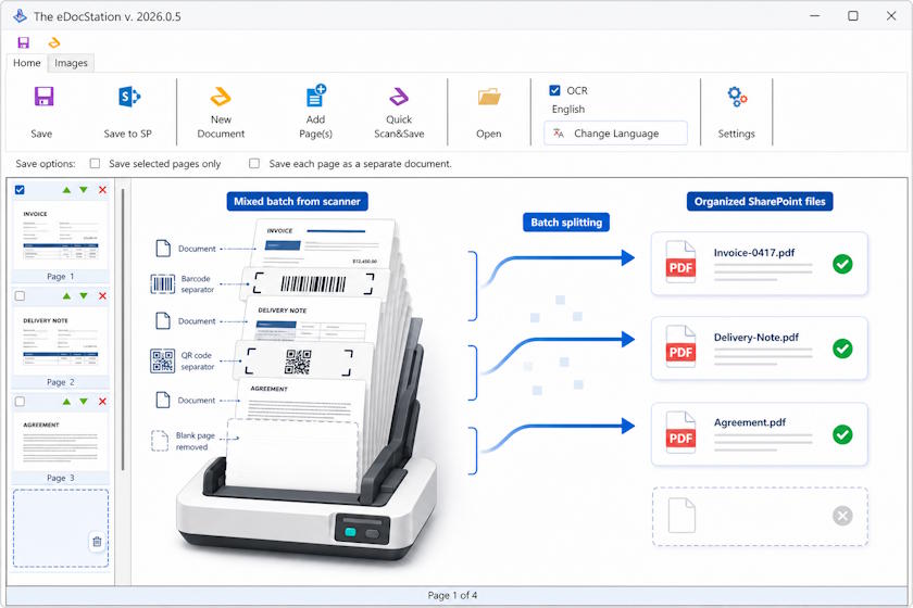 Batch document processing splits separator and barcode pages into organized SharePoint PDF files