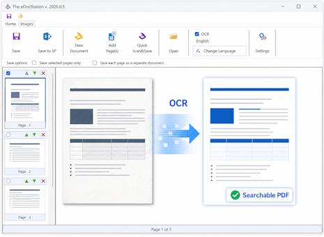 OCR converts a scanned document image into a searchable PDF in eDocStation