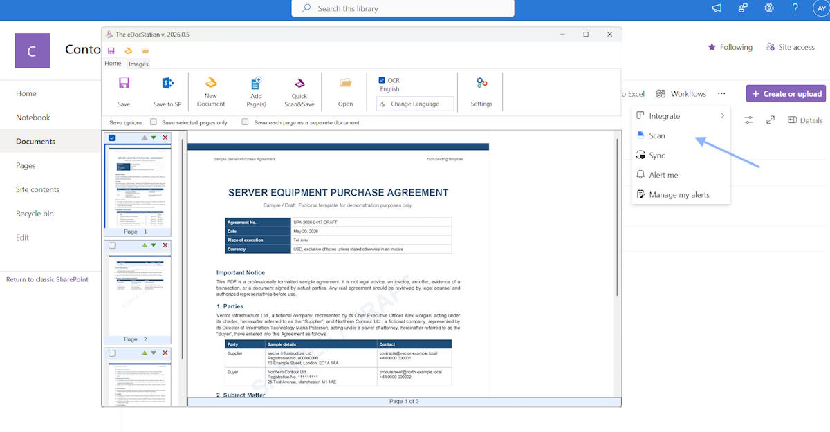 SharePoint Scan command opens eDocStation for document capture and upload